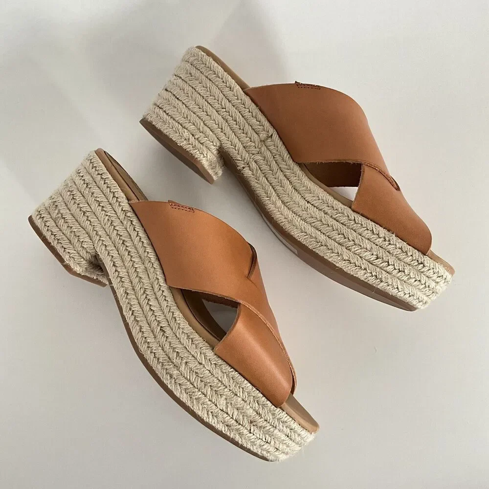 Soludos Leather Platform Cross Strap Open-toe Espadrilles Tan 9